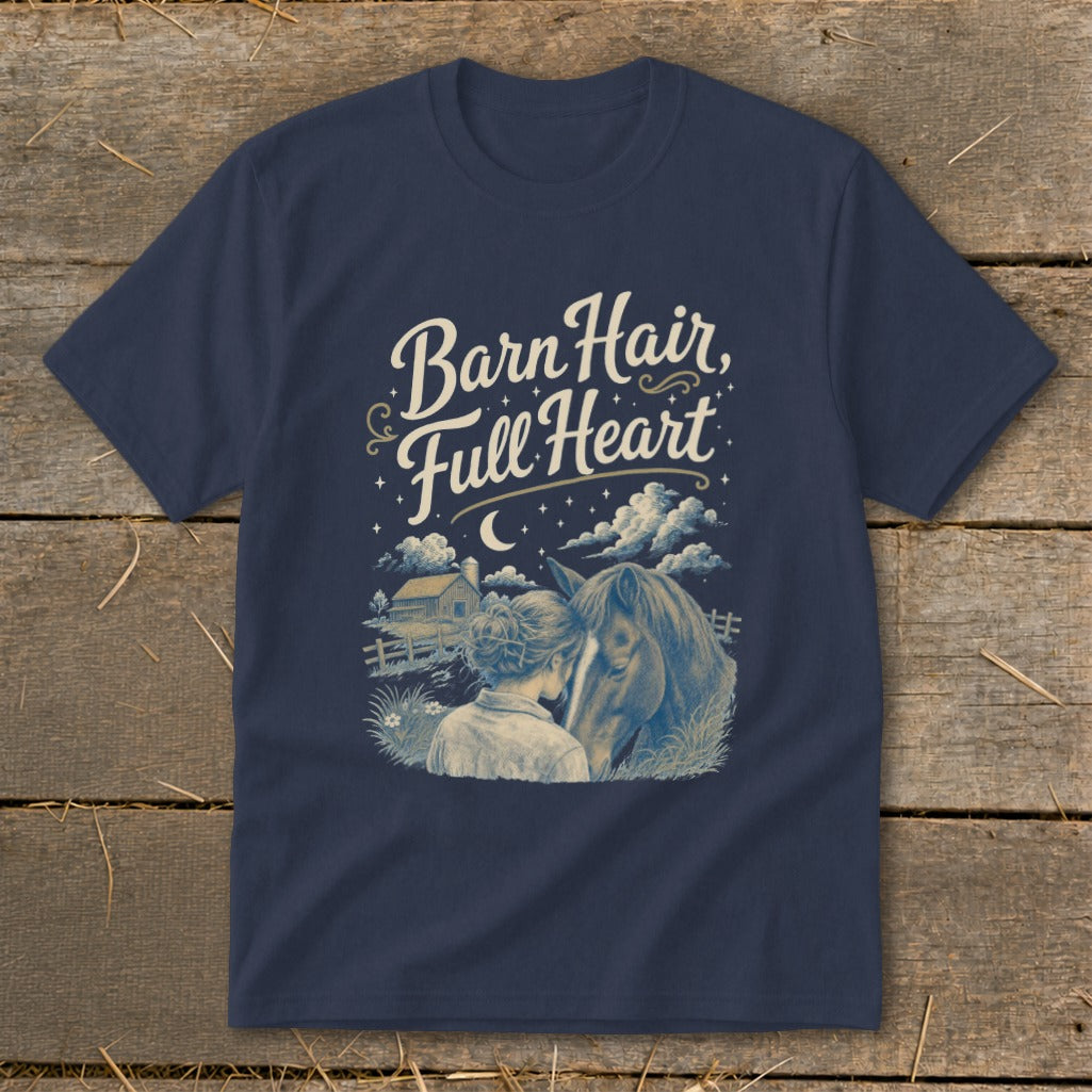 Navy t-shirt with "Barn Hair, Full Heart" text and a horse and girl illustration.