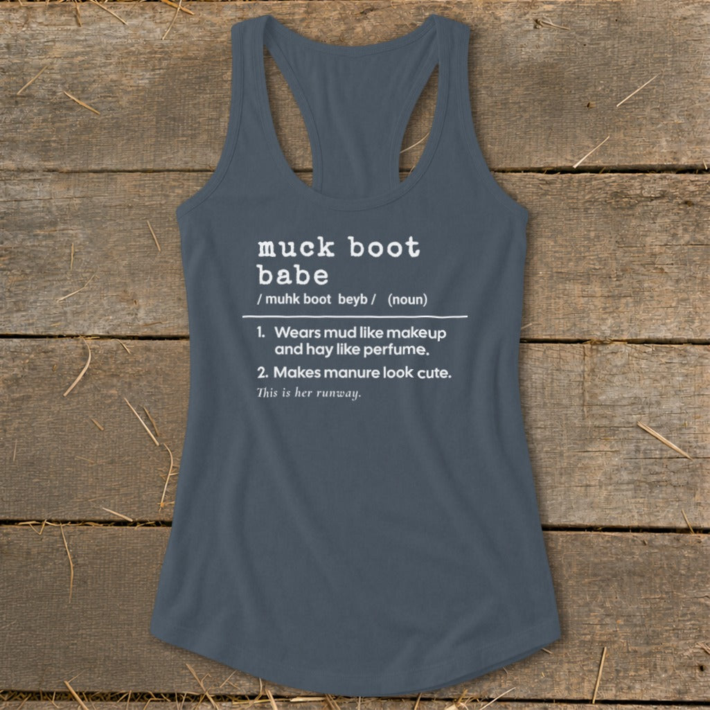 Gray tank top with "Muck Boot Babe" definition printed in white text.