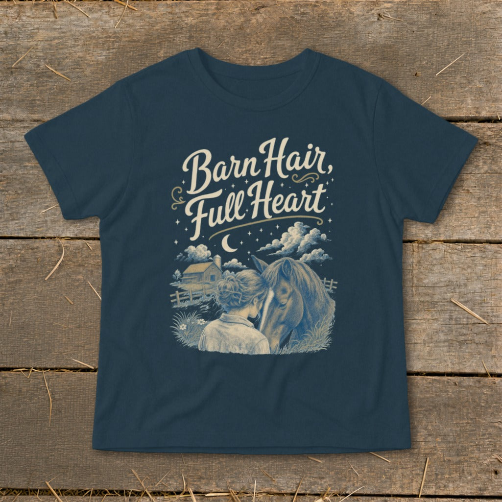 Barn Hair, Full Heart graphic t-shirt featuring a girl and horse with a barn.
