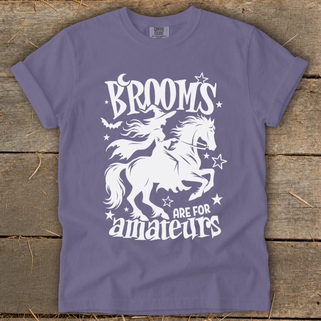 Purple t-shirt with white graphic of witch riding a horse, saying "BROOMS ARE FOR amateurs".