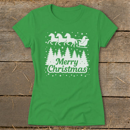 Green t-shirt with white Merry Christmas design featuring Santa's sleigh pulled by horses.