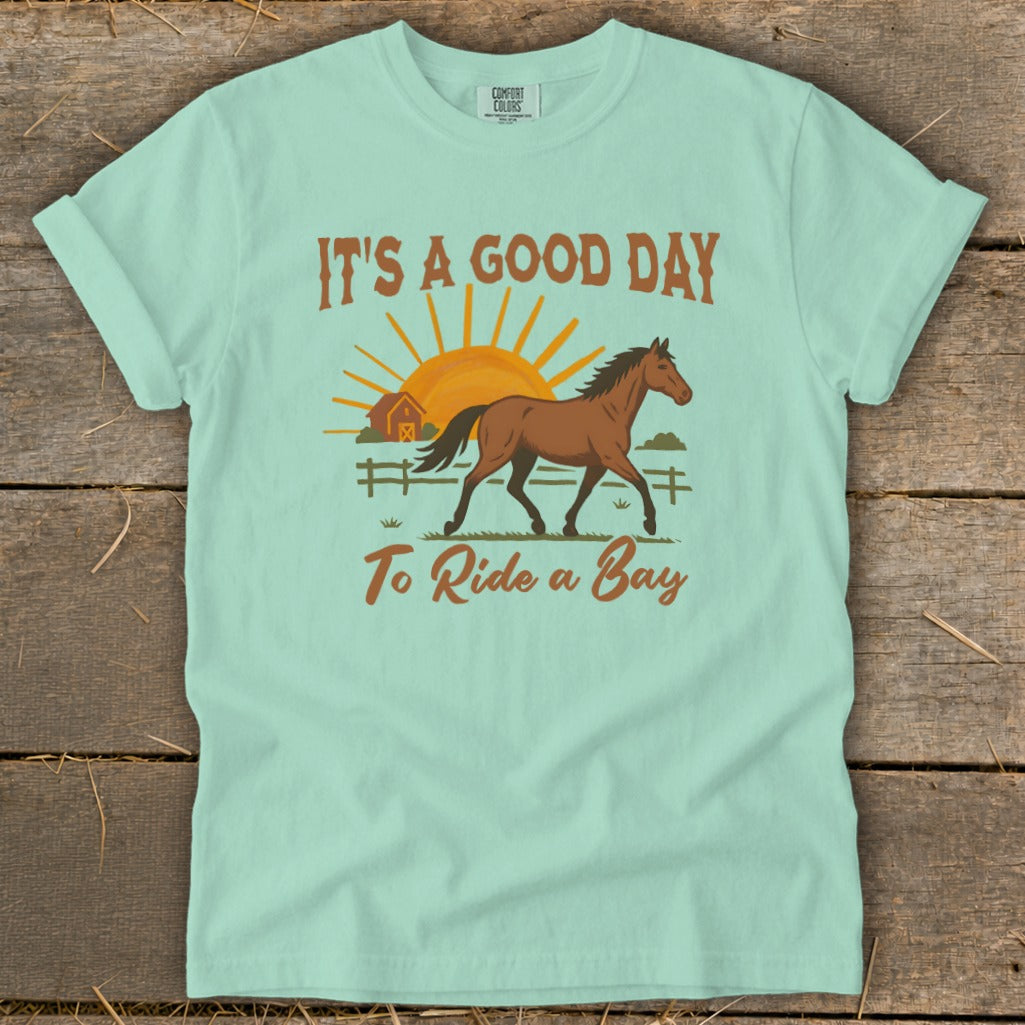 Light teal t-shirt with a graphic of a bay horse, sun, and barn.