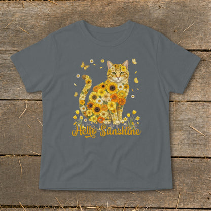 T-shirt with a cat made of yellow flowers and "Hello Sunshine" text.