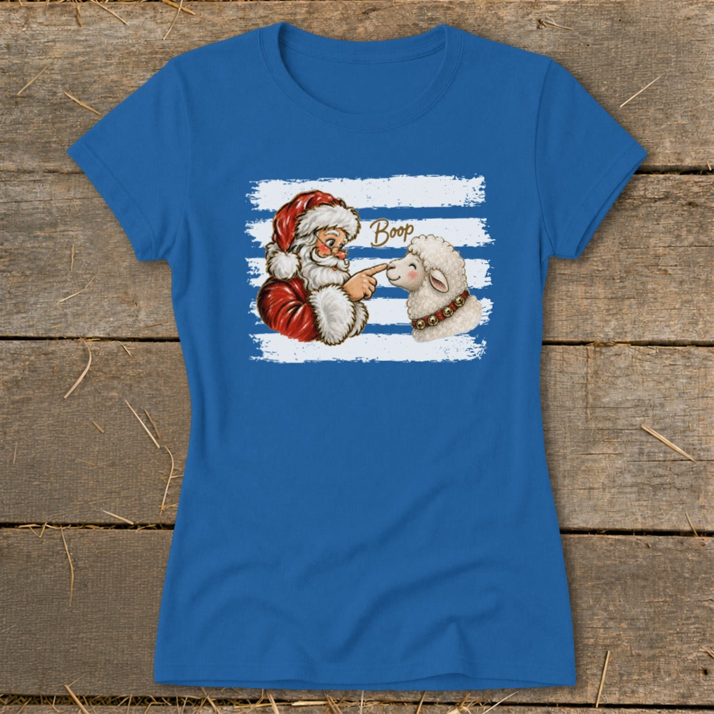 Santa boops a sheep with "Boop" text on a blue t-shirt.