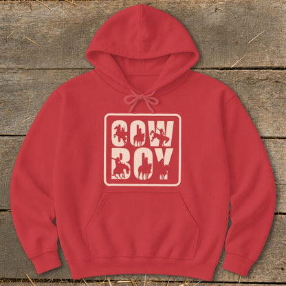 Red hoodie with "Cow Boy" text and cowboy silhouettes graphic.