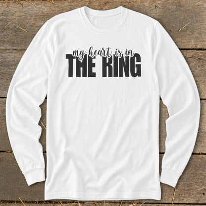 White long-sleeve shirt with "my heart is in THE RING" text.