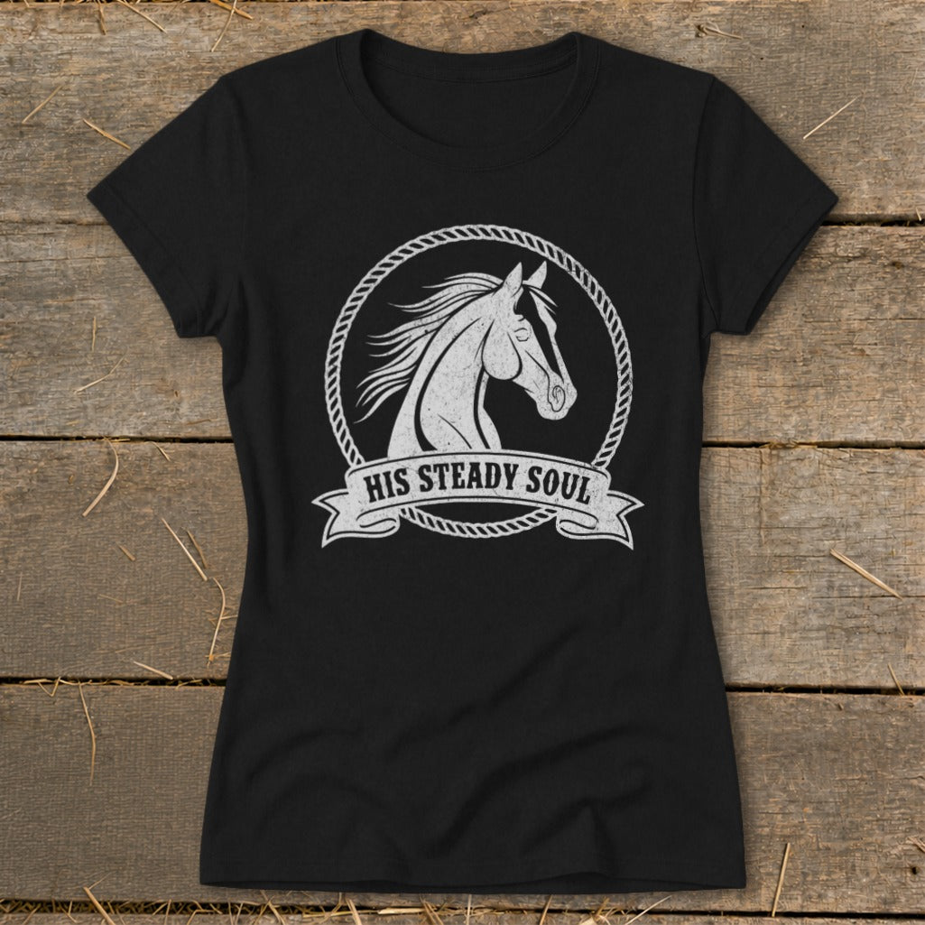 Black t-shirt with a white horse head graphic and "HIS STEADY SOUL" text.