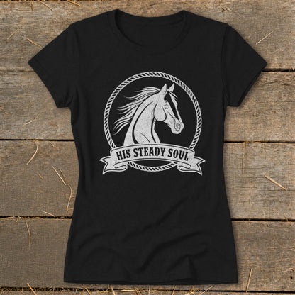 Black t-shirt with a white horse head graphic and "HIS STEADY SOUL" text.