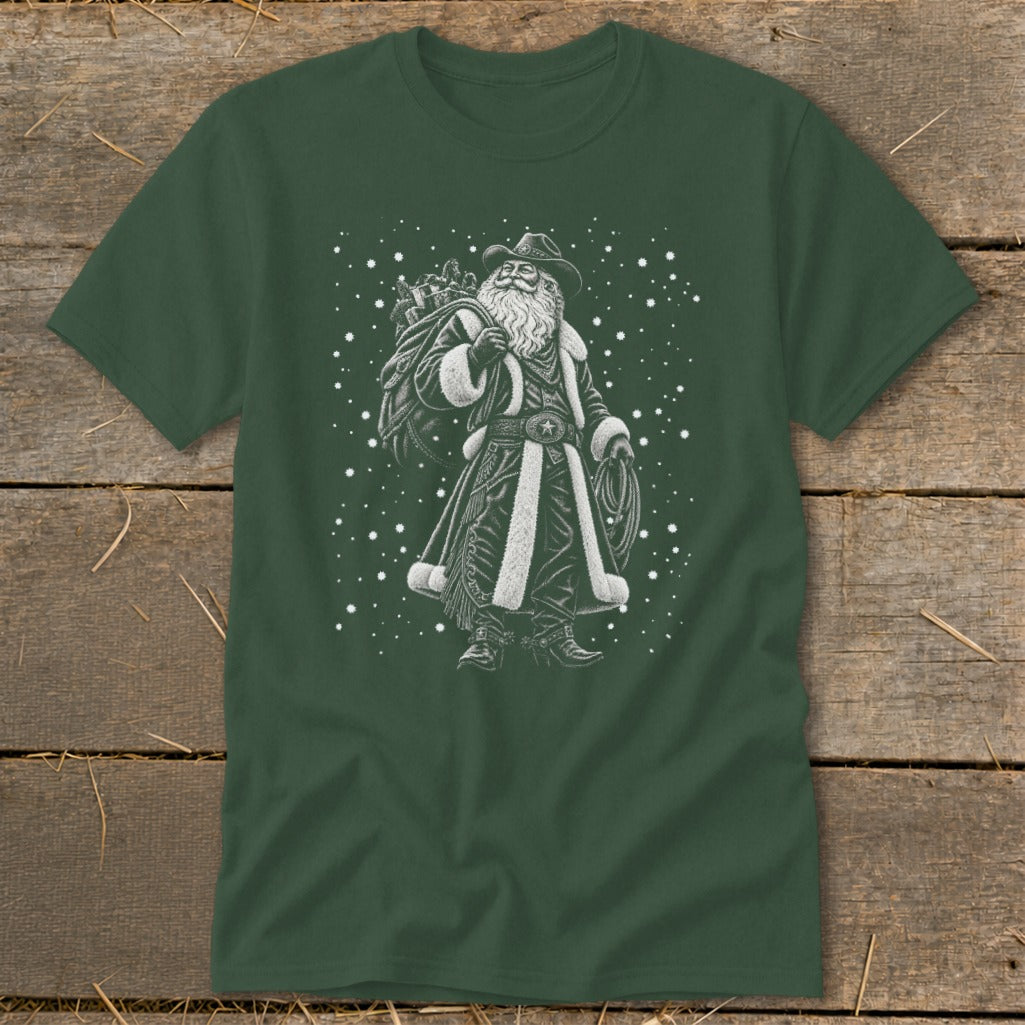 Green t-shirt with a cowboy Santa Claus graphic holding a sack and lasso.