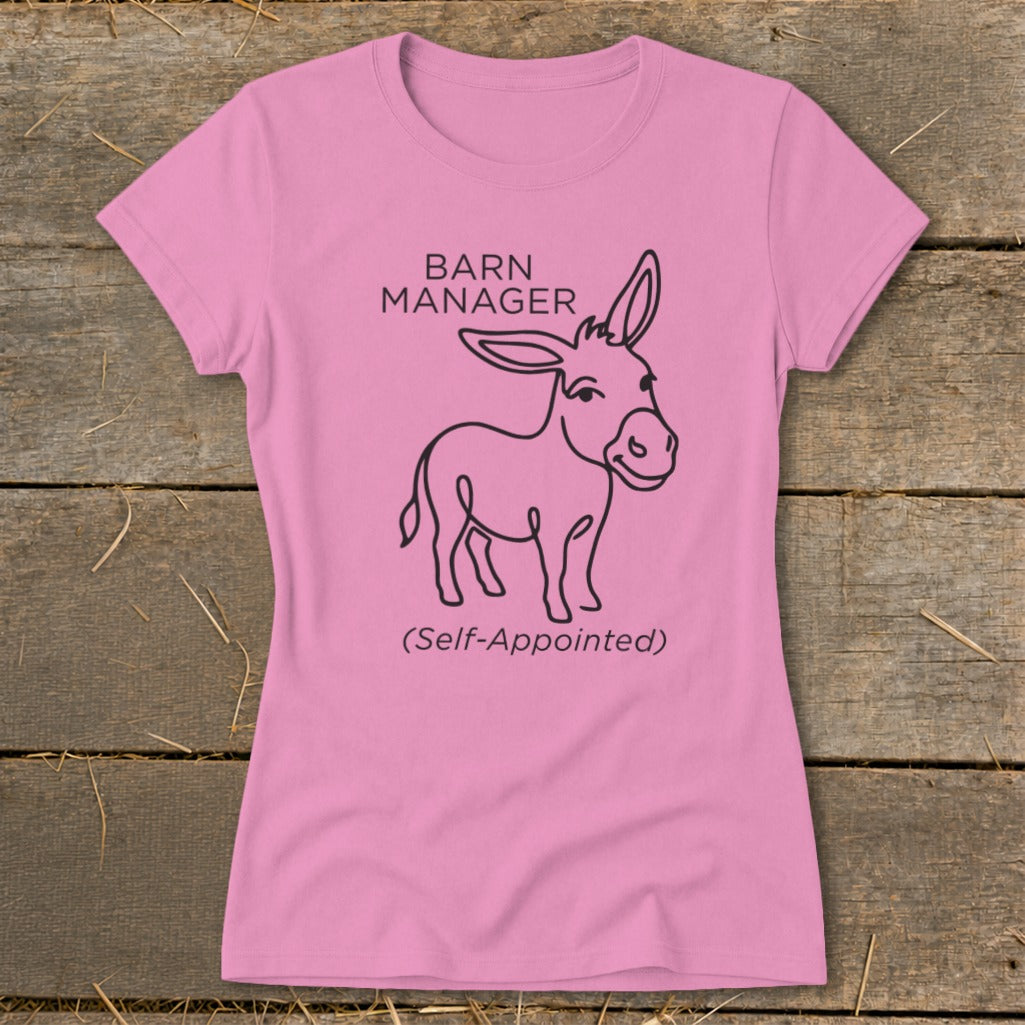 Pink t-shirt with "BARN MANAGER (Self-Appointed)" and a cartoon donkey.