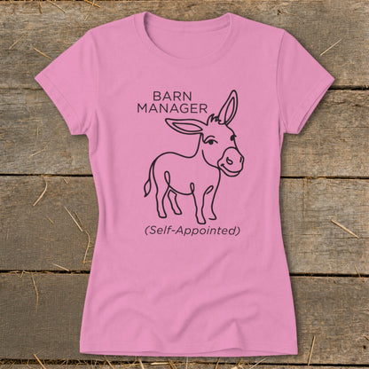 Pink t-shirt with "BARN MANAGER (Self-Appointed)" and a cartoon donkey.