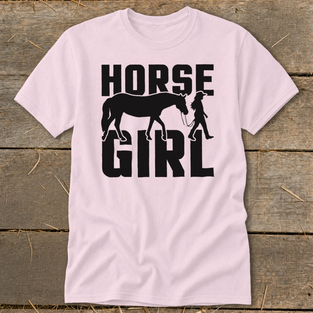 Pink t-shirt with black "HORSE GIRL" text and silhouette of horse and person.