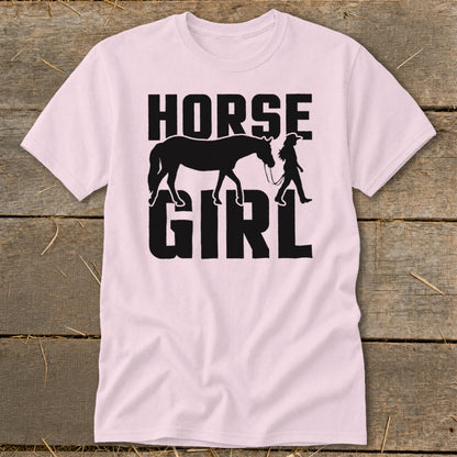 Pink t-shirt with black "HORSE GIRL" text and silhouette of horse and person.