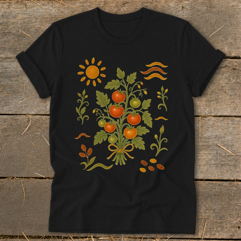 Black t-shirt with a stylized tomato plant design and sun.