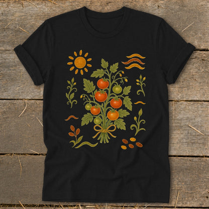 Black t-shirt with a stylized tomato plant design and sun.