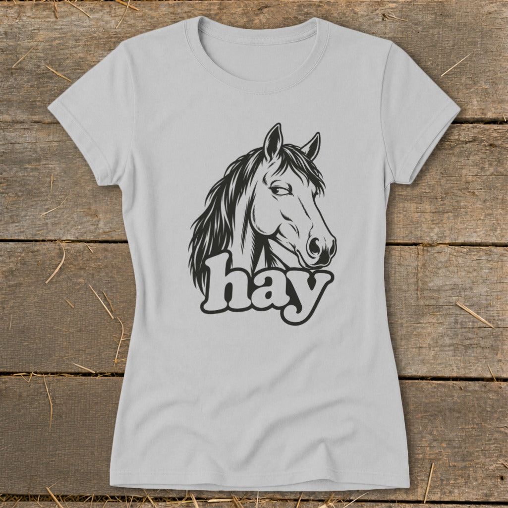 Light gray t-shirt with a black graphic of a horse's head and the word "hay".