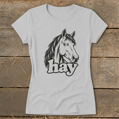 Light gray t-shirt with a black graphic of a horse's head and the word "hay".