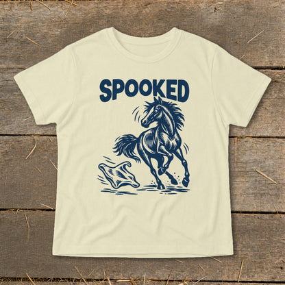 Cream t-shirt with navy graphic of a startled horse and ghost with the word "SPOOKED".