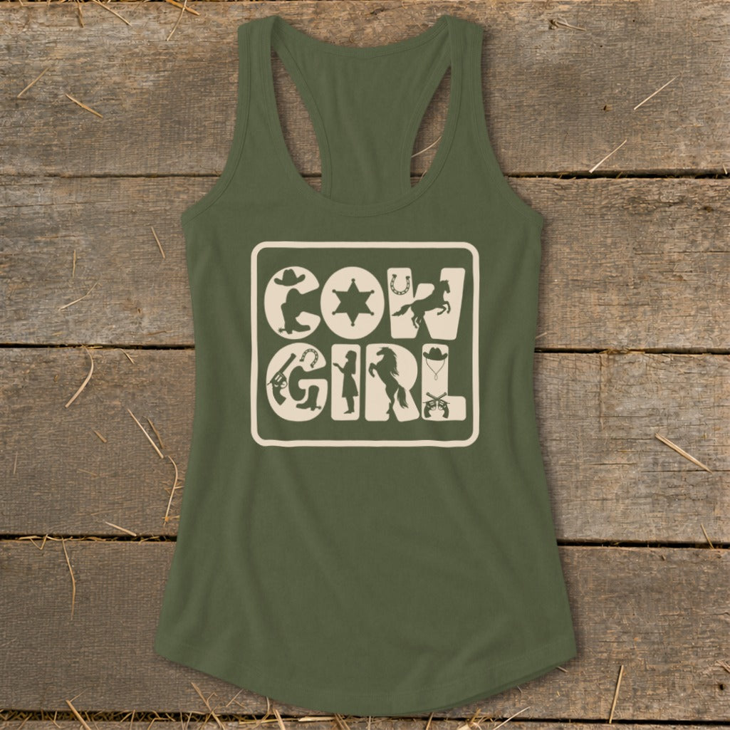 Olive green tank top with "COW GIRL" text and Western-themed graphics.