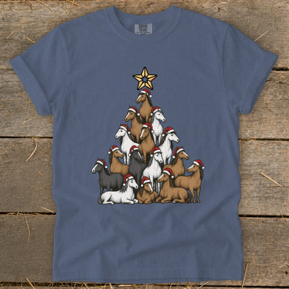 Christmas tree made of horses wearing Santa hats, topped with a star.