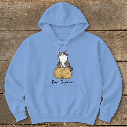 Light blue hoodie with a cartoon cat on a hay bale and text "Barn Supervisor".