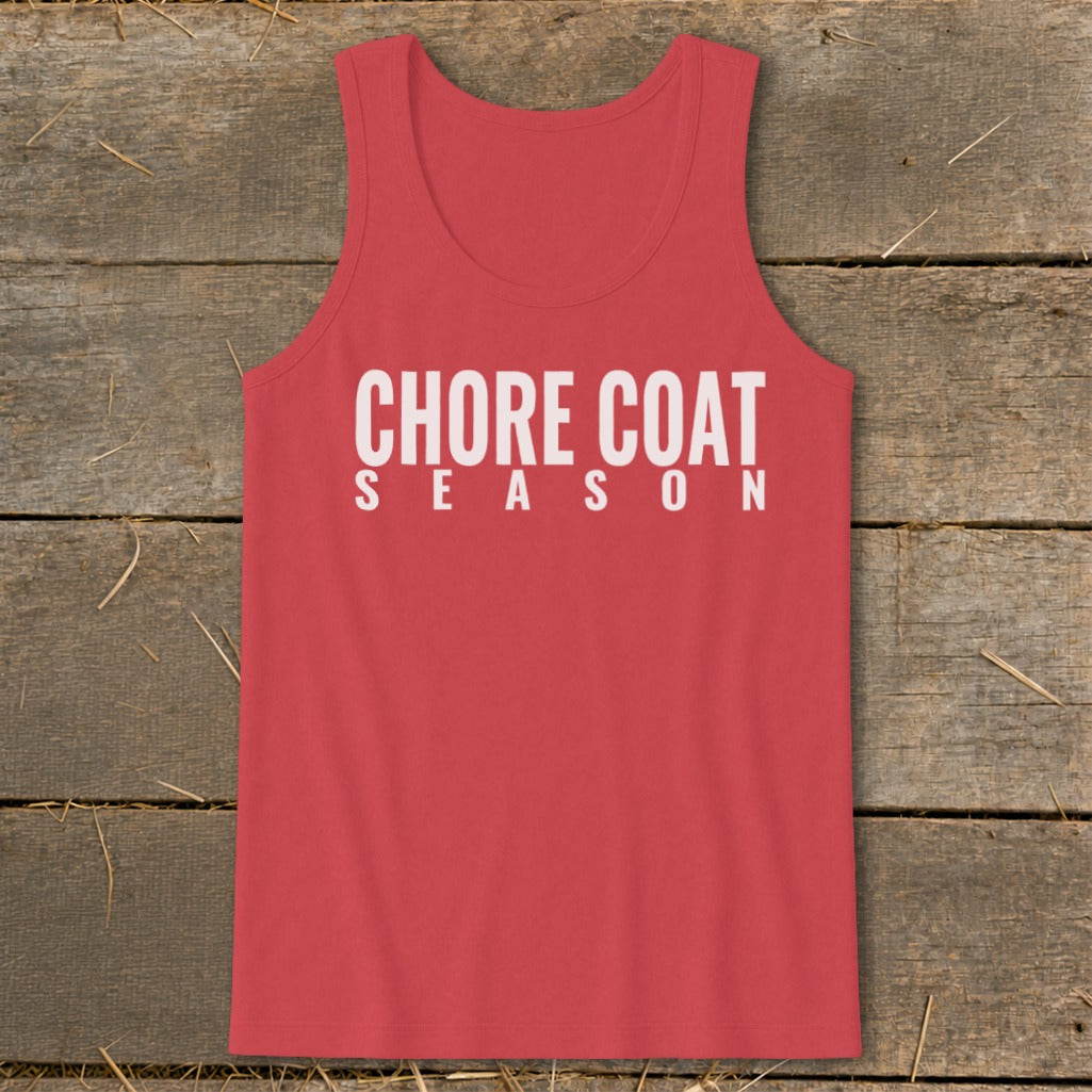 Red tank top with white text that reads "CHORE COAT SEASON".