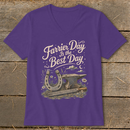 Purple t-shirt with "Farrier Day Is the Best Day" and horseshoe, anvil, and rasp illustration.