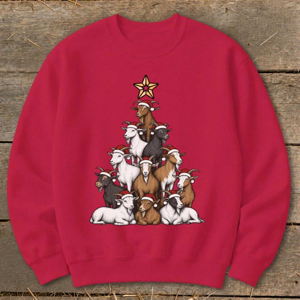 Red sweatshirt with a Christmas tree made of goats wearing Santa hats.