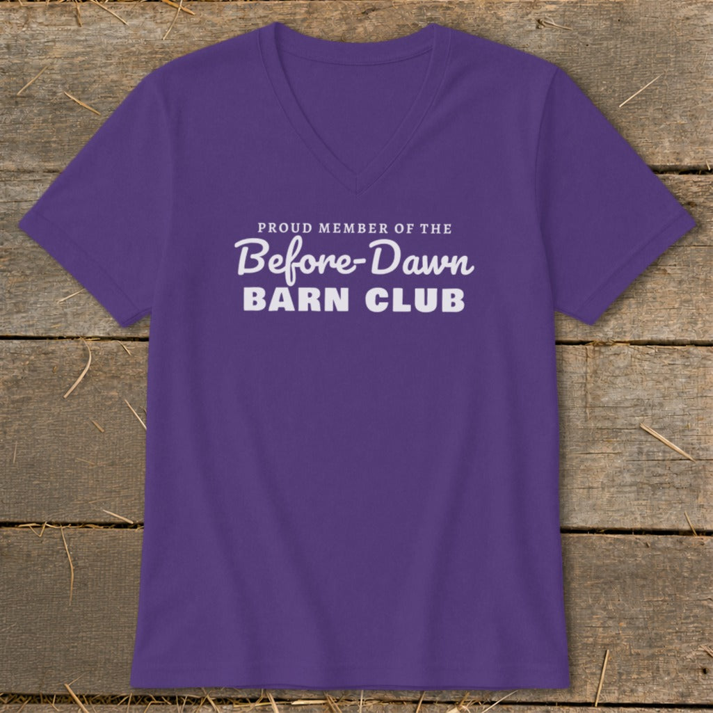 Purple v-neck t-shirt with white text "PROUD MEMBER OF THE Before-Dawn BARN CLUB".