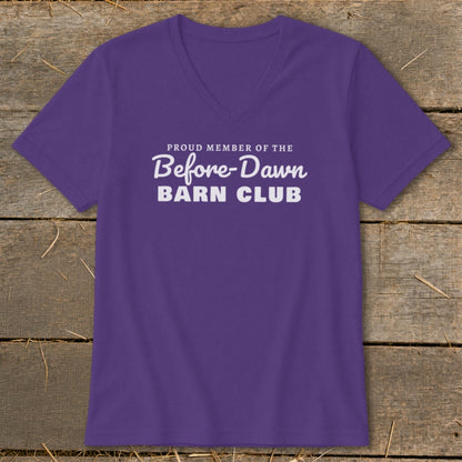 Purple v-neck t-shirt with white text "PROUD MEMBER OF THE Before-Dawn BARN CLUB".
