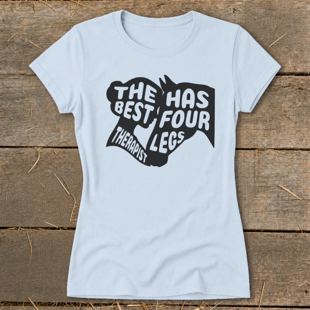 Light blue t-shirt with black text and horse head graphic saying "THE BEST THERAPIST HAS FOUR LEGS".
