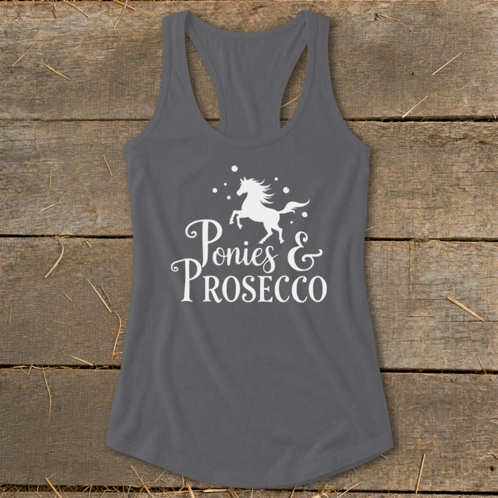 Grey racerback tank top with white graphic of a horse and text "Ponies & Prosecco".