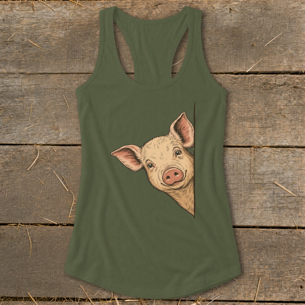 Green tank top with a smiling pig peeking from the side.