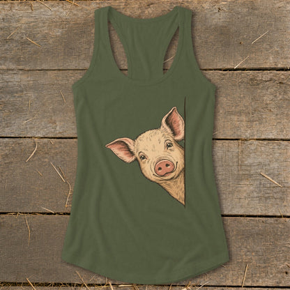 Green tank top with a smiling pig peeking from the side.