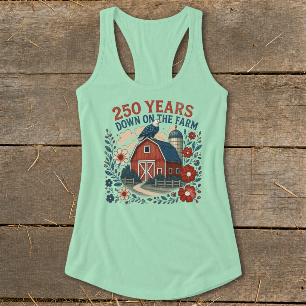Mint green tank top with graphic of barn, silo, eagle and text "250 Years Down on the Farm".