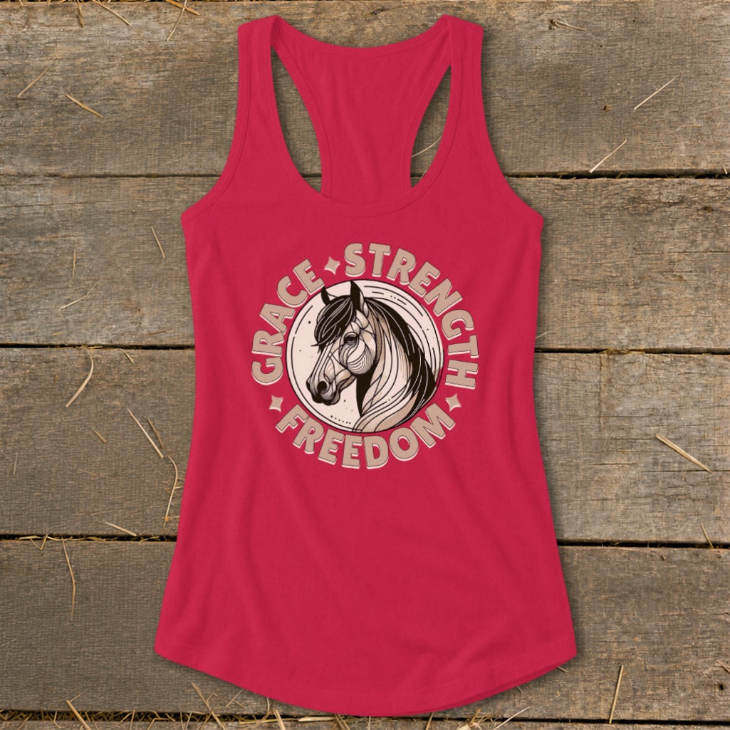 Pink tank top with horse graphic and text "Grace Strength Freedom".