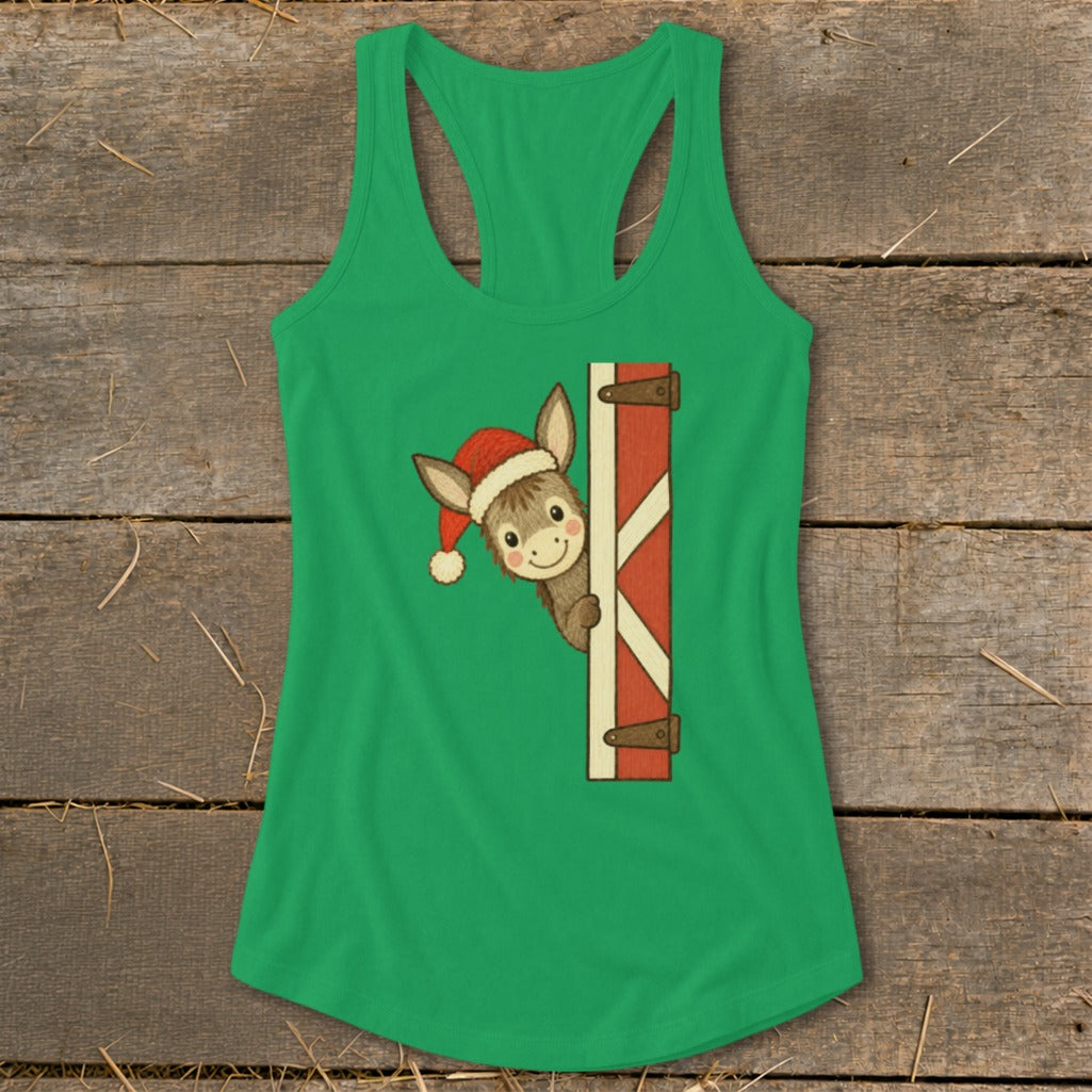 Green tank top with a Christmas donkey peeking behind a barn door graphic.