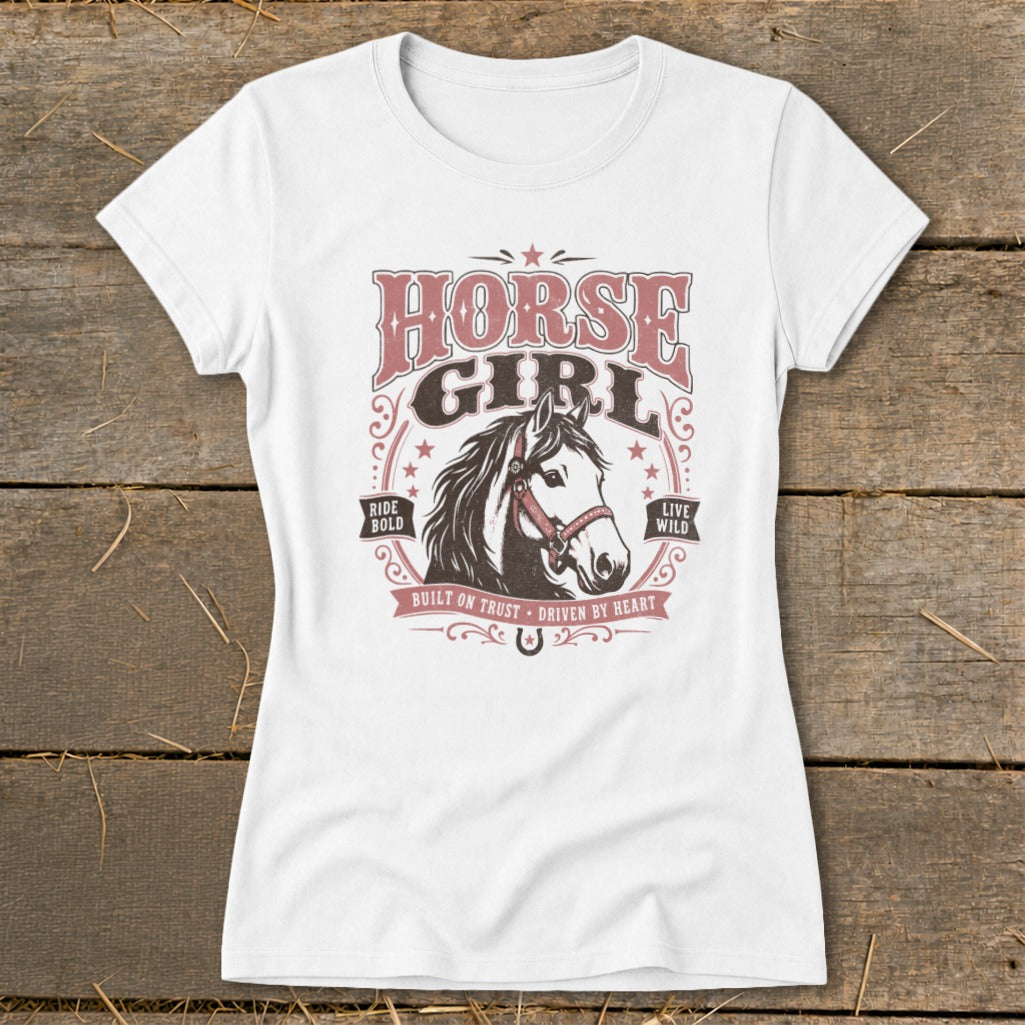 White t-shirt with "HORSE GIRL" text and horse graphic.