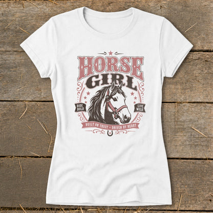 White t-shirt with "HORSE GIRL" text and horse graphic.