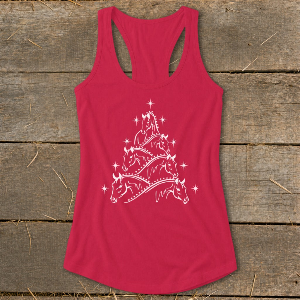 Red racerback tank top with white horse Christmas tree graphic.