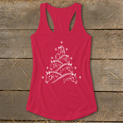 Red racerback tank top with white horse Christmas tree graphic.
