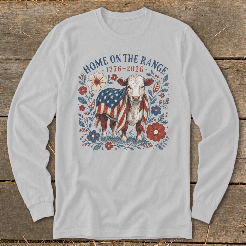 Cow draped in American flag with "HOME ON THE RANGE 1776-2026" text.