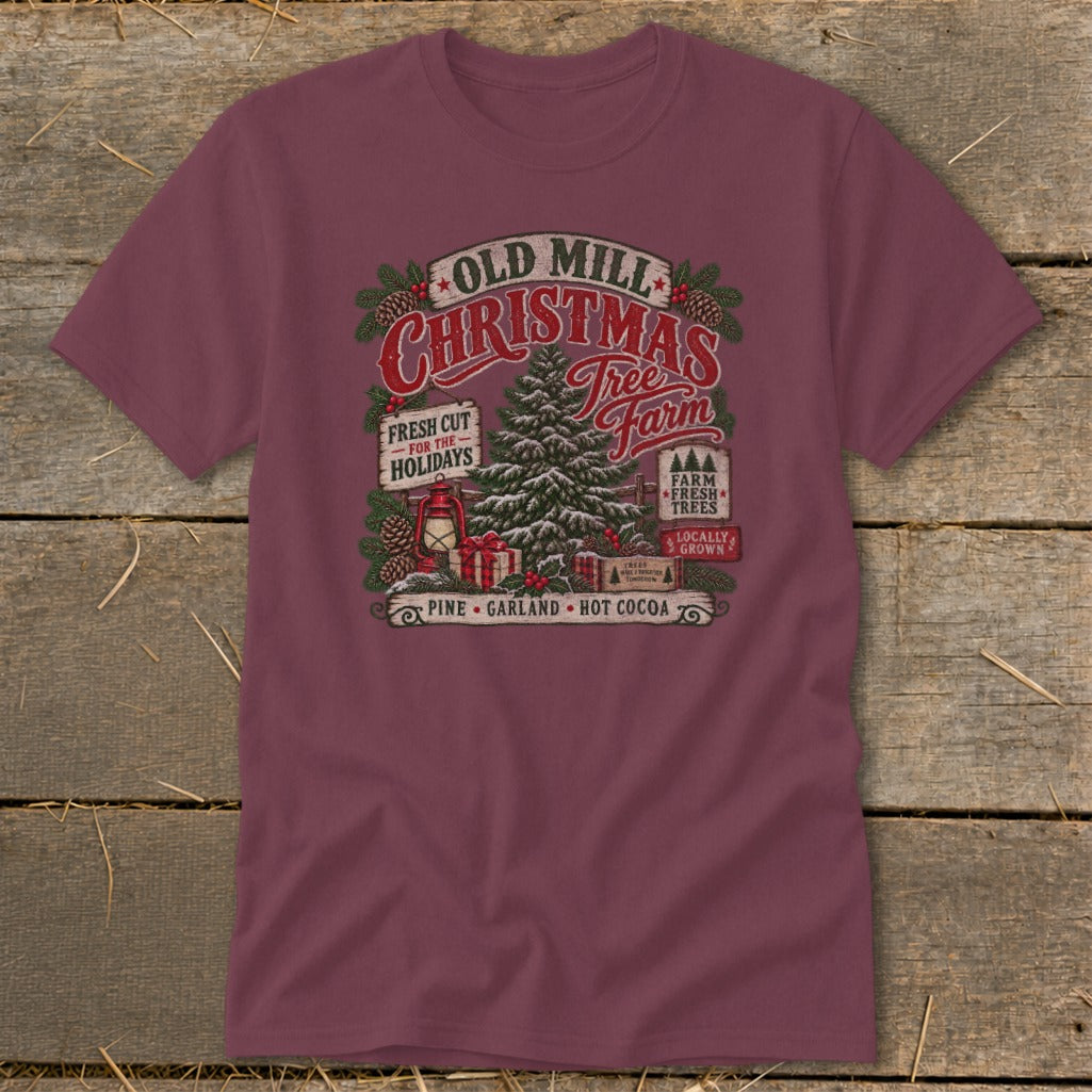 Old Mill Christmas Tree Farm graphic with pine, garland, and hot cocoa.