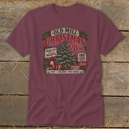 Old Mill Christmas Tree Farm graphic with pine, garland, and hot cocoa.