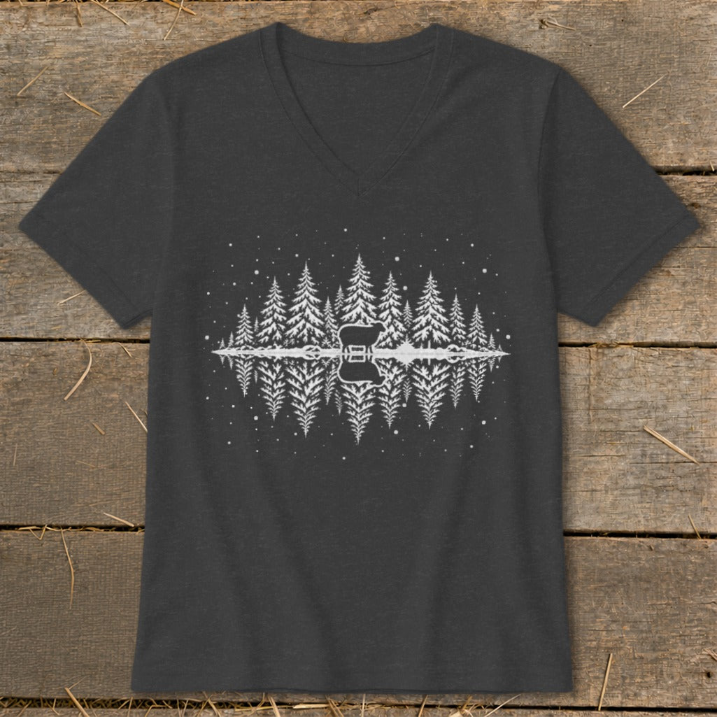 Dark gray t-shirt with white graphic of pine trees and guitar reflected in water.
