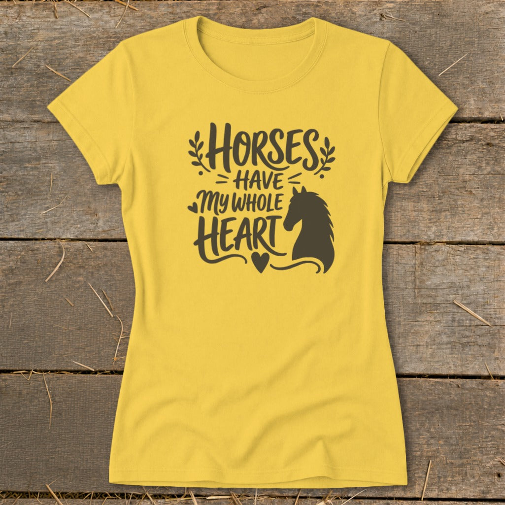 Yellow t-shirt with "Horses Have My Whole Heart" and horse silhouette graphic.