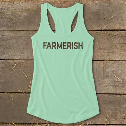 Mint green tank top with "FARMERISH" text.