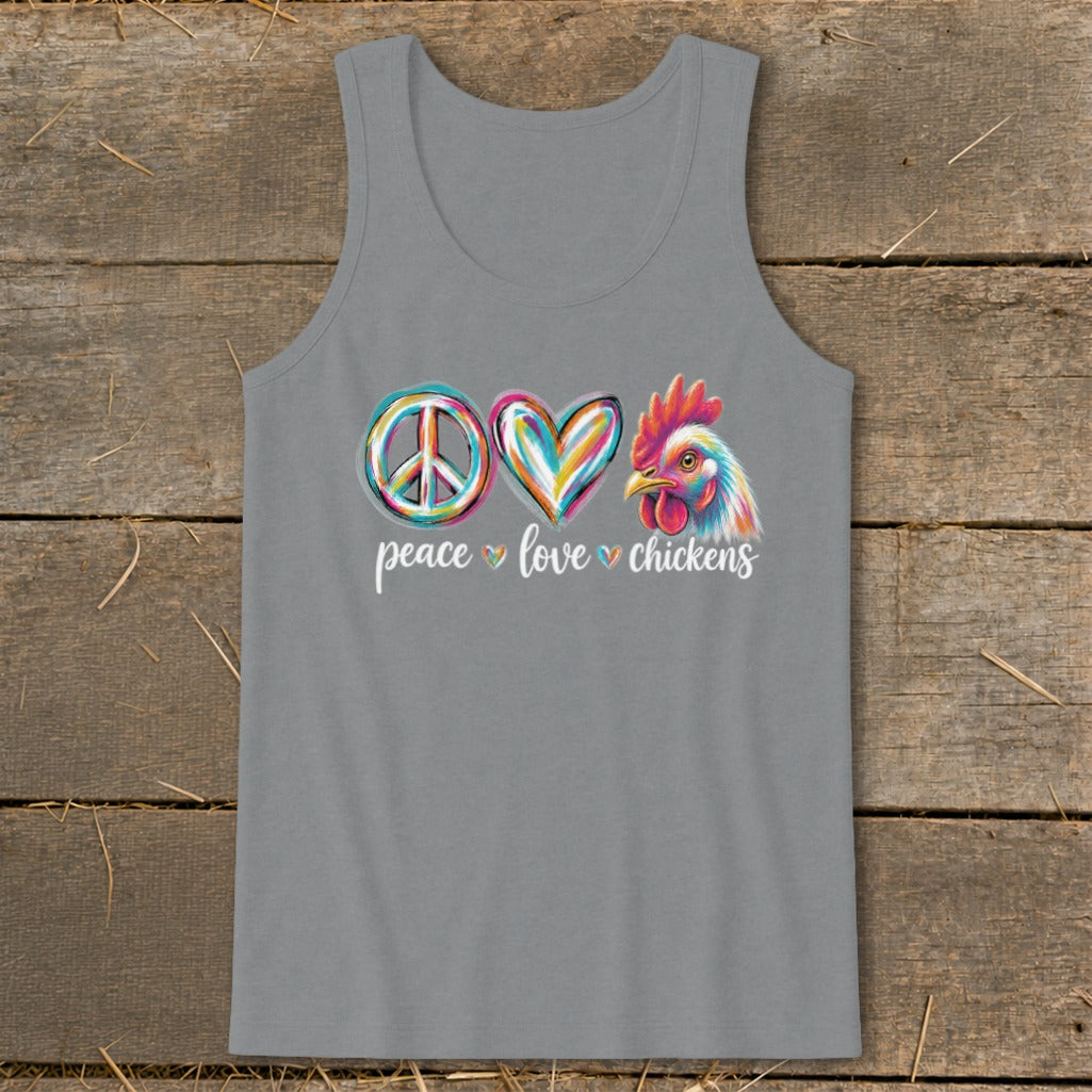 Gray tank top with peace, heart, and colorful chicken icons above "peace love chickens".