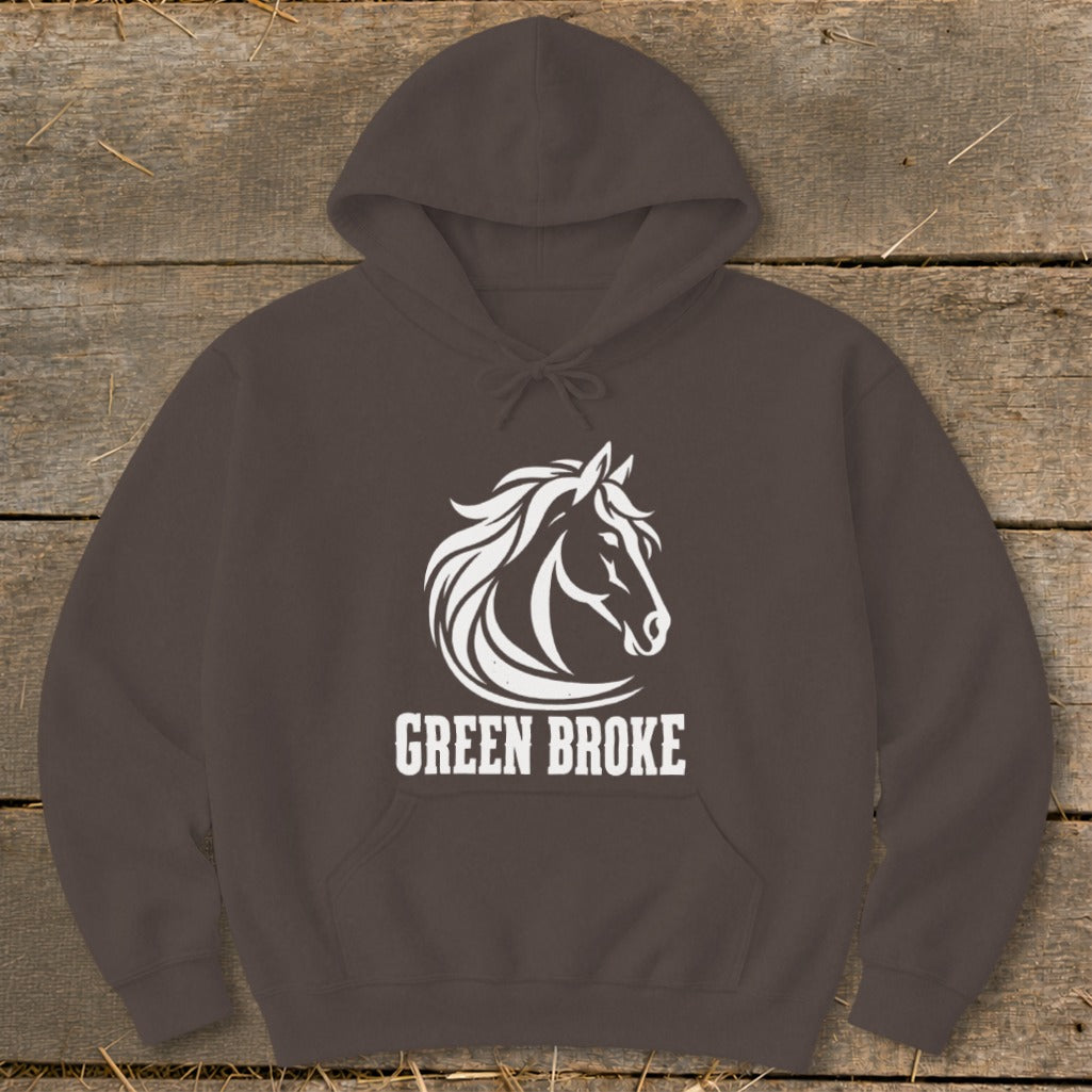 A dark brown hooded sweatshirt with a white horse head logo and the text GREEN BROKE.