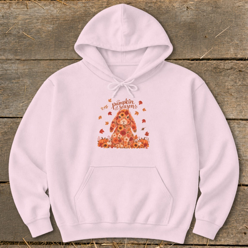 Pink hoodie with a floral bunny and pumpkins graphic, reads "Pumpkin Season".